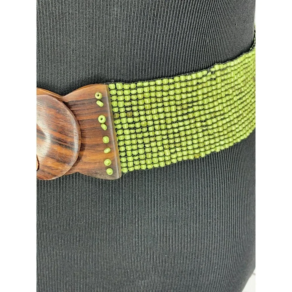 Vintage Elastic Lime Green Handmade Glass Beaded Wooden Clasp 70’s Boho Chic Sty